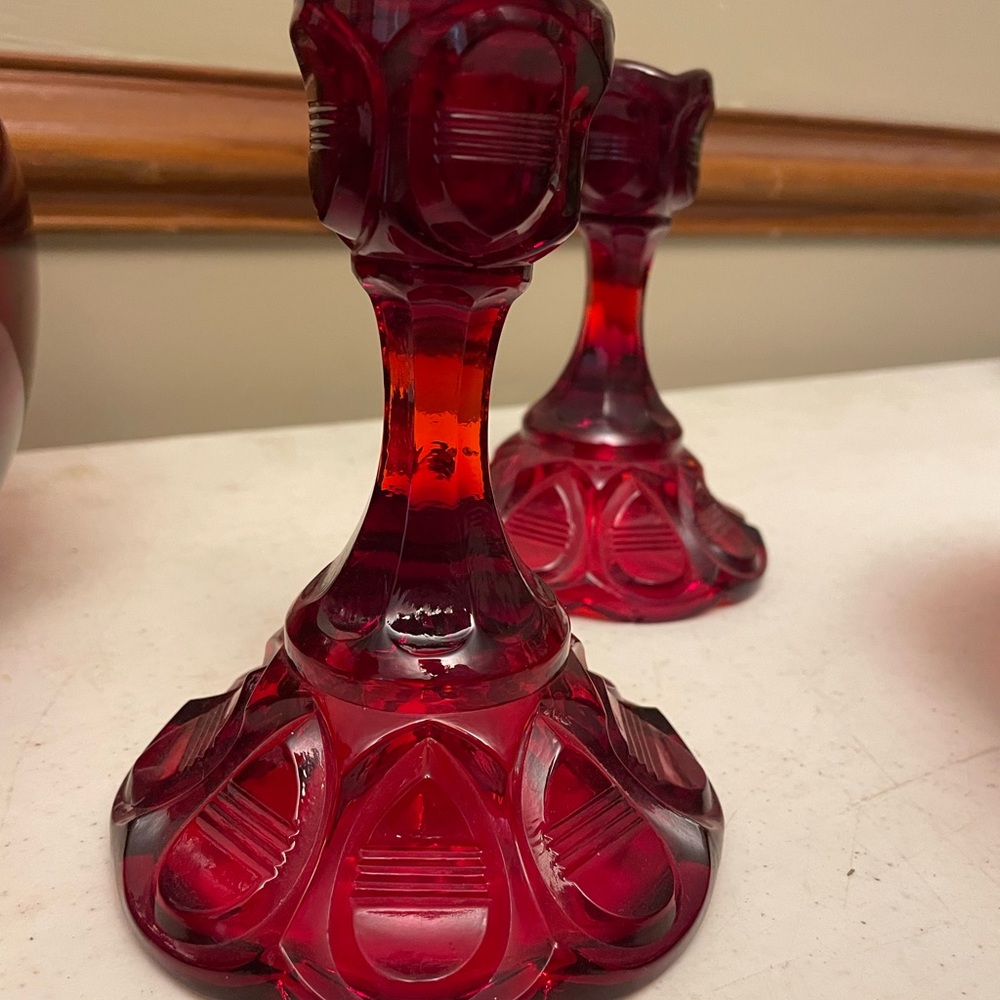 Fenton Glass. Barred tear drop design. Ruby Red Elegant Glass Candle Holders - Picture 4 of 5
